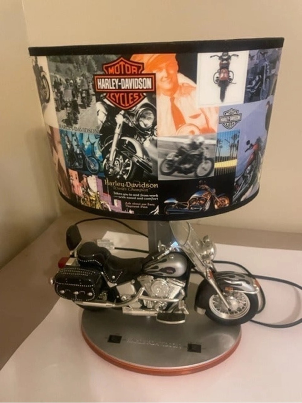 Harley-Davidson Silver Motorcycle Lamp with Multicolor Collage Shade